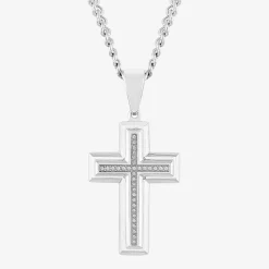 Mens 1/10 CT. T.W. White Diamond Stainless Steel Cross 24 Inch Pendant Necklace