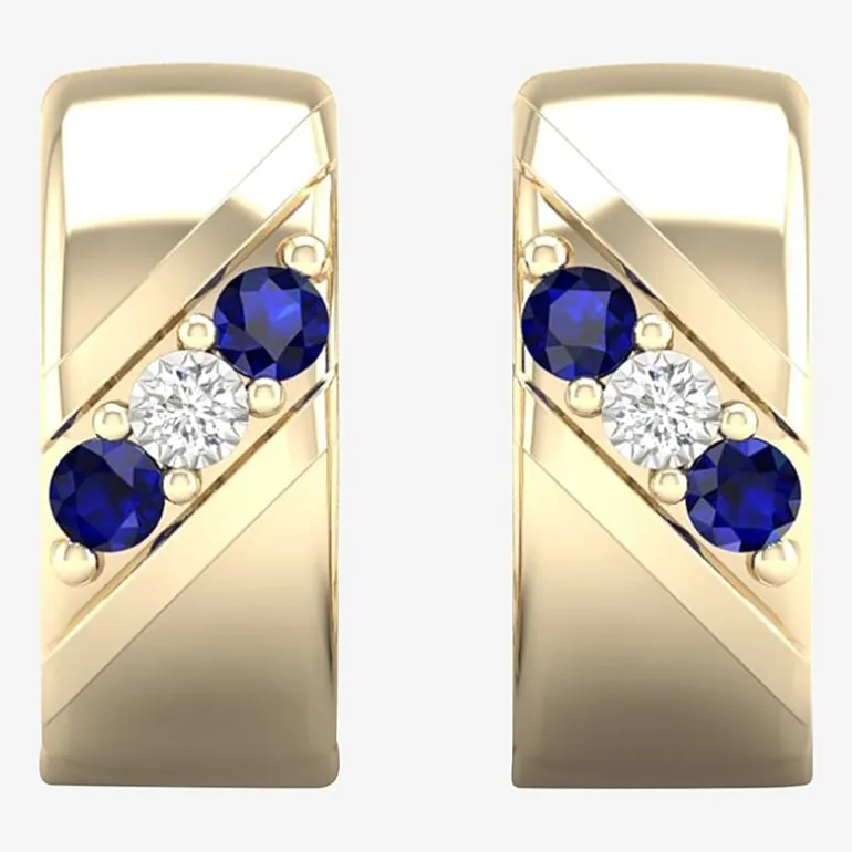 Mens Diamond Accent Genuine Blue Sapphire 10K Gold 15.2mm Hoop Earrings