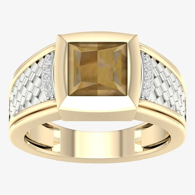 Mens Diamond Accent Genuine Brown Tiger's Eye 10K Gold Sterling Silver Fashion Ring
