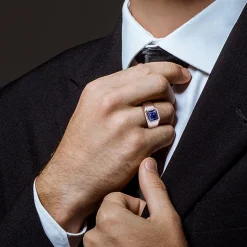 Mens Diamond Accent Lab Created Blue Sapphire 10K Gold Fashion Ring