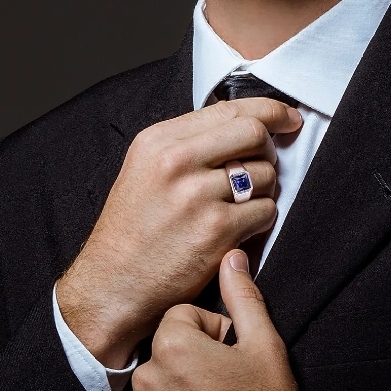 Mens Diamond Accent Lab Created Blue Sapphire 10K Gold Fashion Ring