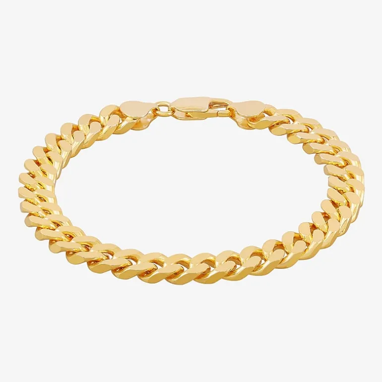 Mens 24K Gold Over Silver 8 1/2 Inch Solid Curb Chain Bracelet