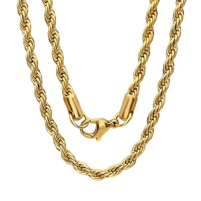 Mens 18K Gold Over Stainless Steel Hypoallergenic 30 Inch Rope Chain Necklace
