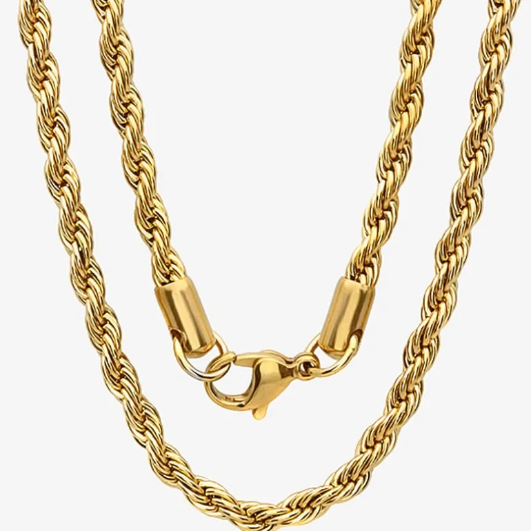 Mens 18K Gold Over Stainless Steel Hypoallergenic 30 Inch Rope Chain Necklace