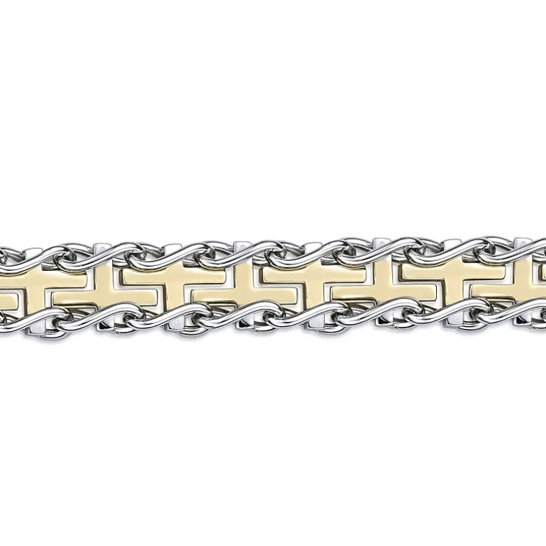 Mens Stainless Steel and Gold Ion Plated Cross Link Bracelet