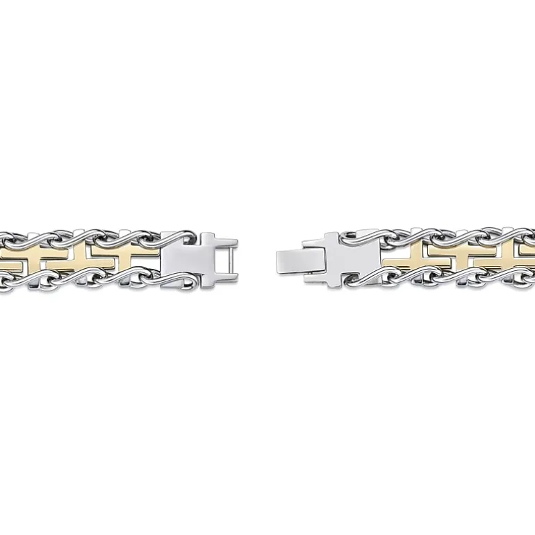 Mens Stainless Steel and Gold Ion Plated Cross Link Bracelet