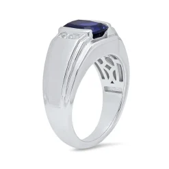 Mens Sterling Silver Lab Created Cushion Cut Blue Sapphire Ring