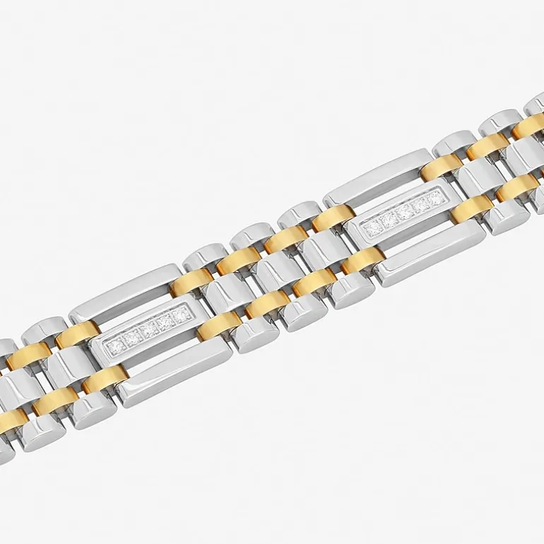 Mens Two-Tone Stainless Steel Cubic Zirconia Bracelet