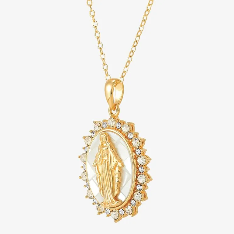 Miraculous Medal Womens White Mother Of Pearl 14K Gold Over Silver Oval 20 Inch Pendant Necklace