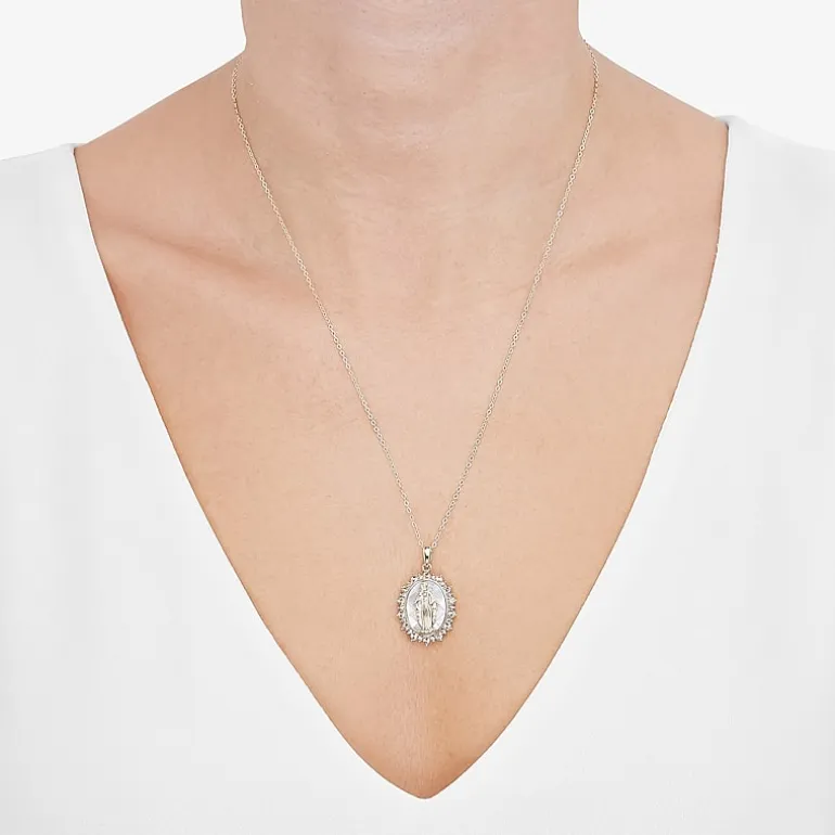 Miraculous Medal Womens White Mother Of Pearl 14K Gold Over Silver Oval 20 Inch Pendant Necklace
