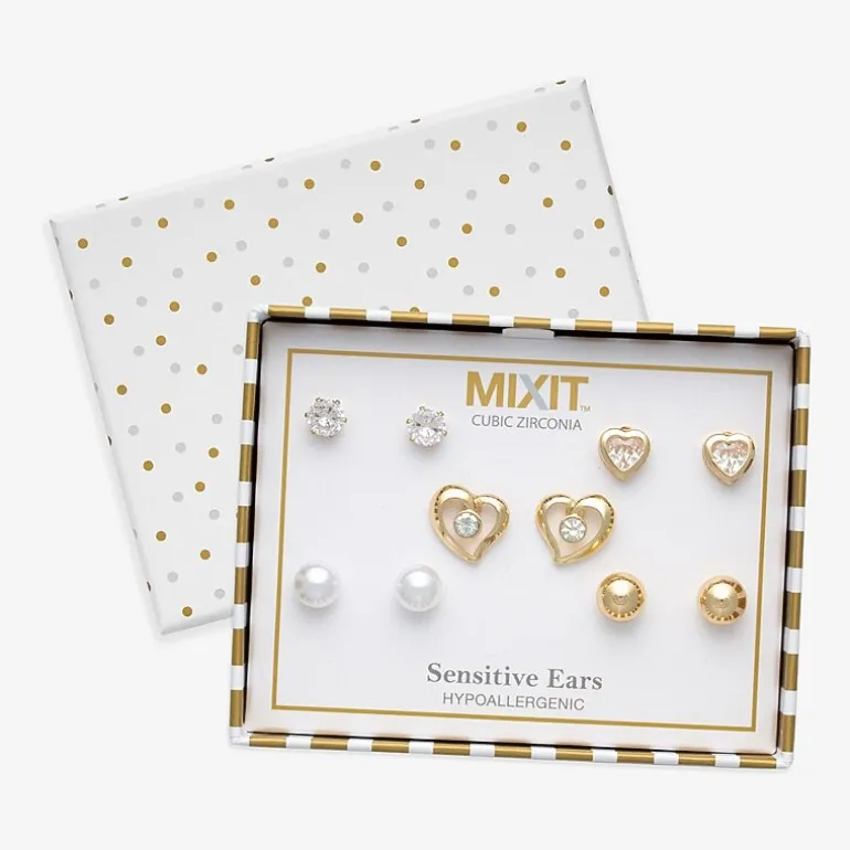 Mixit Womens Cubic Zirconia Heart Hypoallergenic 5 Pair Earring Set