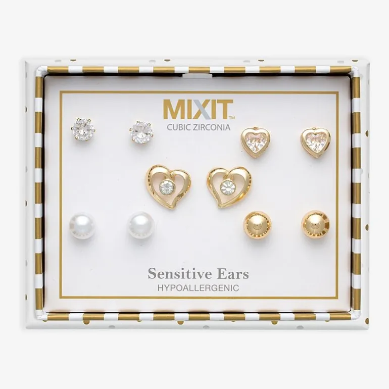 Mixit Womens Cubic Zirconia Heart Hypoallergenic 5 Pair Earring Set