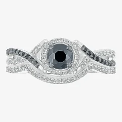 8.50mm Unisex Adult 1 CT. T.W. Natural Black Diamond 10K Gold Round Halo Side Stone Ring Set