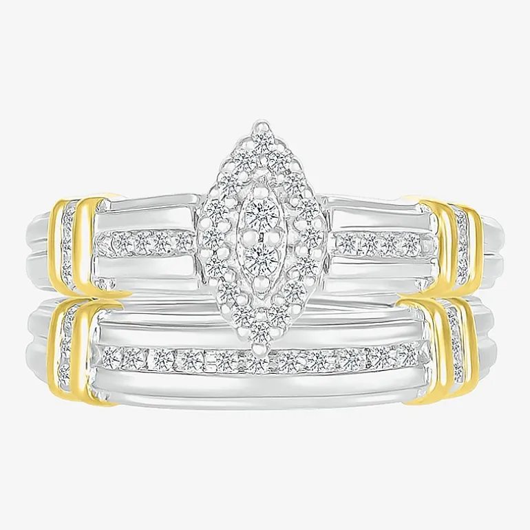 5.10mm Unisex Adult 1/4 CT. T.W. Natural White Diamond 10K Two Tone Gold Marquise Halo Side Stone Ring Set