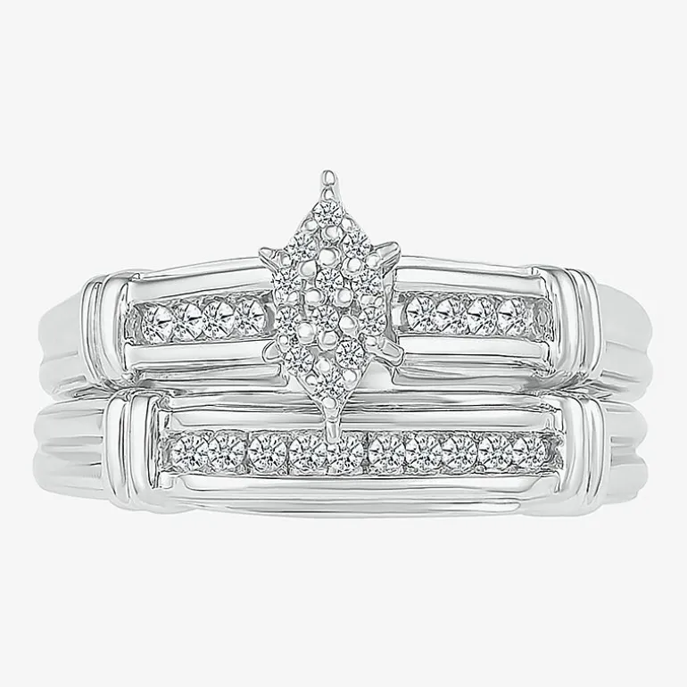 5.05mm Unisex Adult 1/4 CT. T.W. Natural White Diamond 10K Gold Marquise Side Stone Wedding Ring Set