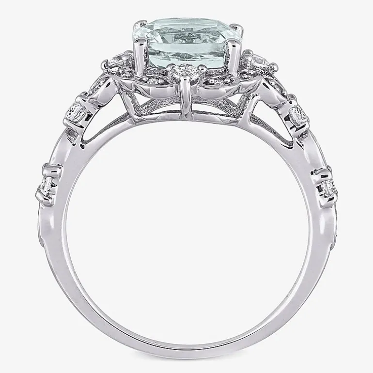 Modern Bride Gemstone Womens Diamond Accent Genuine Blue Aquamarine 14K Gold Cushion Engagement Ring
