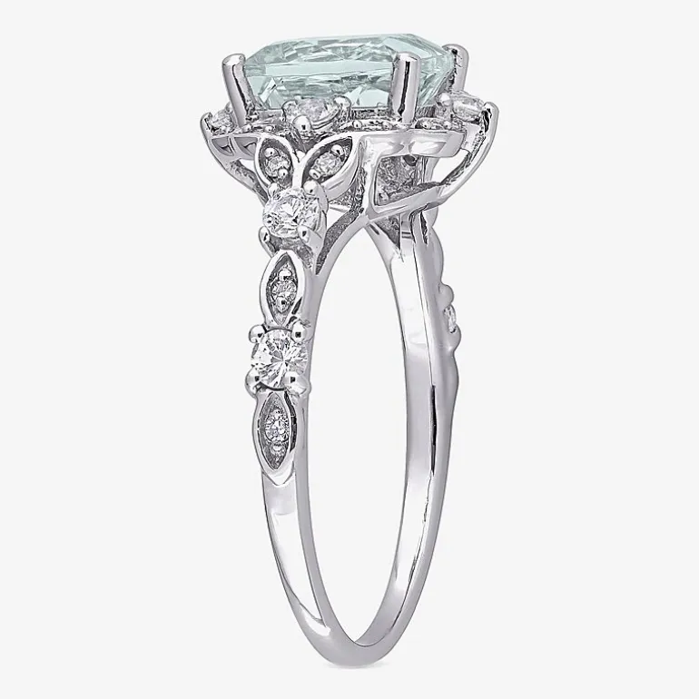 Modern Bride Gemstone Womens Diamond Accent Genuine Blue Aquamarine 14K Gold Cushion Engagement Ring