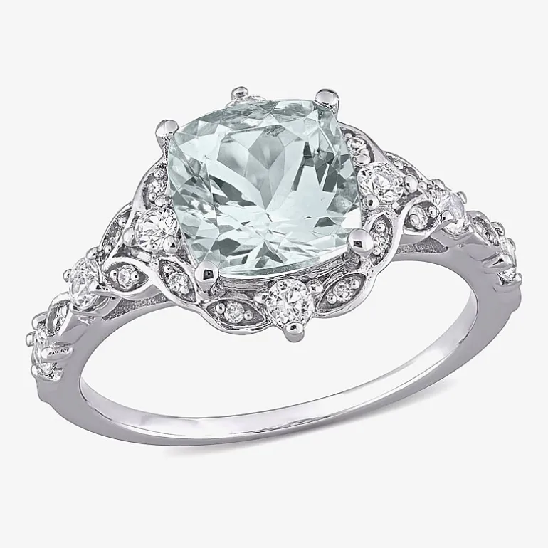 Modern Bride Gemstone Womens Diamond Accent Genuine Blue Aquamarine 14K Gold Cushion Engagement Ring