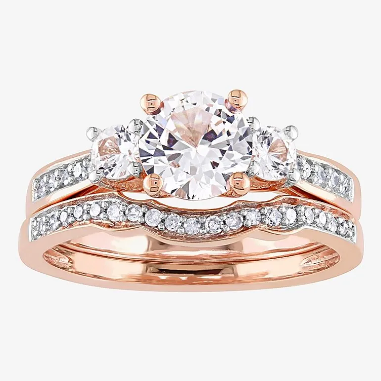 Modern Bride Gemstone Womens 1/8 CT. T.W. Lab Created White Sapphire 10K Gold Round 3-Stone Bridal Set