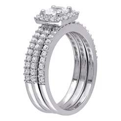 Modern Bride Gemstone Womens Diamond Accent Lab Created White Sapphire Sterling Silver Cushion Halo Bridal Set
