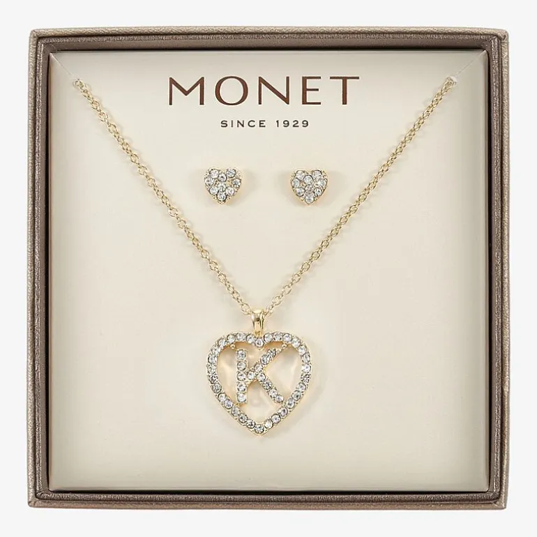 Monet Jewelry Gold Tone Initial Pendant Necklace & Stud Earring Womens Glass Heart 2-pc. Jewelry Set