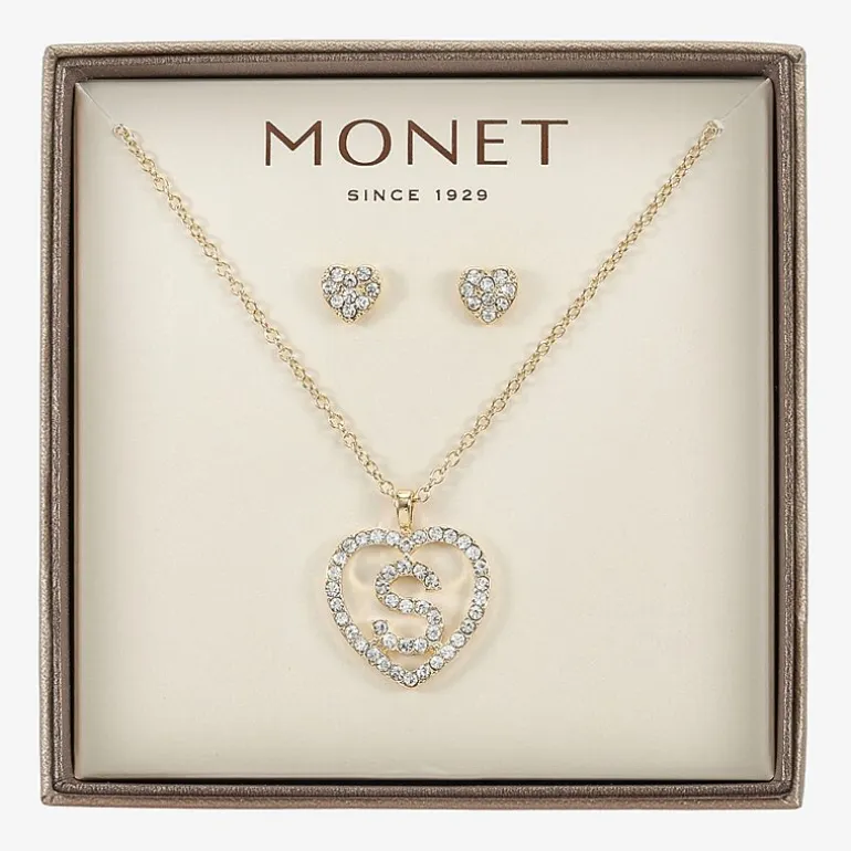 Monet Jewelry Gold Tone Initial Pendant Necklace & Stud Earring Womens Glass Heart 2-pc. Jewelry Set