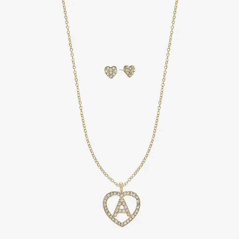 Monet Jewelry Gold Tone Initial Pendant Necklace & Stud Earring Womens Glass Heart 2-pc. Jewelry Set