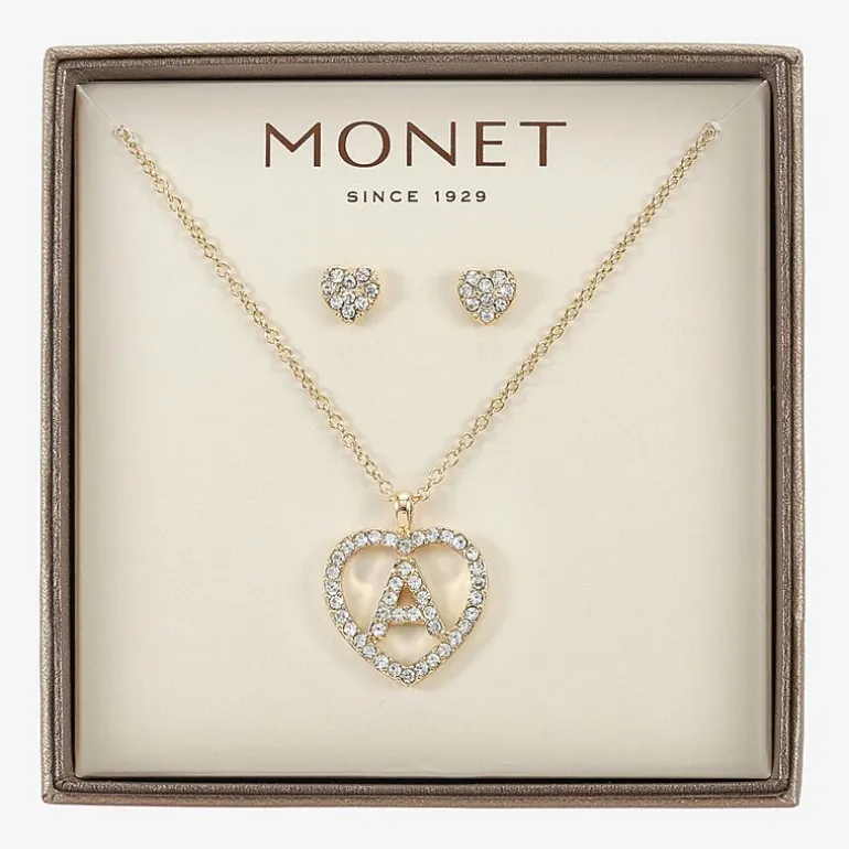 Monet Jewelry Gold Tone Initial Pendant Necklace & Stud Earring Womens Glass Heart 2-pc. Jewelry Set
