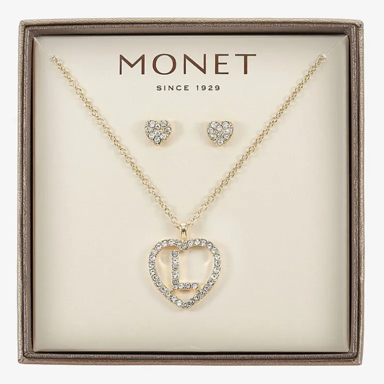 Monet Jewelry Gold Tone Initial Pendant Necklace & Stud Earring Womens Glass Heart 2-pc. Jewelry Set