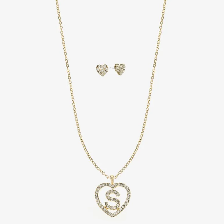 Monet Jewelry Gold Tone Initial Pendant Necklace & Stud Earring Womens Glass Heart 2-pc. Jewelry Set