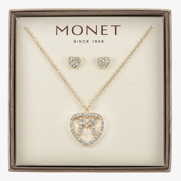 Monet Jewelry Gold Tone Initial Pendant Necklace & Stud Earring Womens Glass Heart 2-pc. Jewelry Set