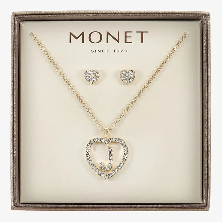 Monet Jewelry Gold Tone Initial Pendant Necklace & Stud Earring Womens Glass Heart 2-pc. Jewelry Set