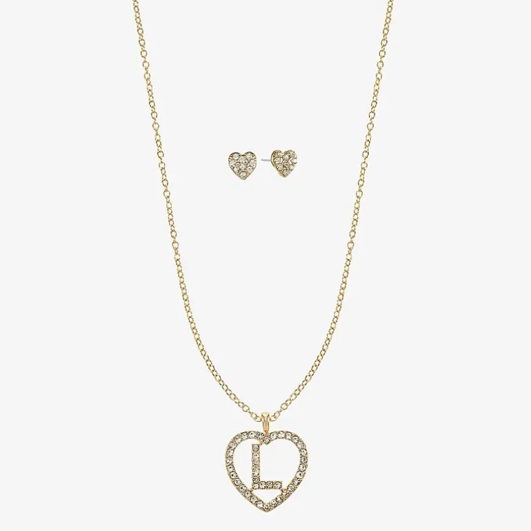 Monet Jewelry Gold Tone Initial Pendant Necklace & Stud Earring Womens Glass Heart 2-pc. Jewelry Set
