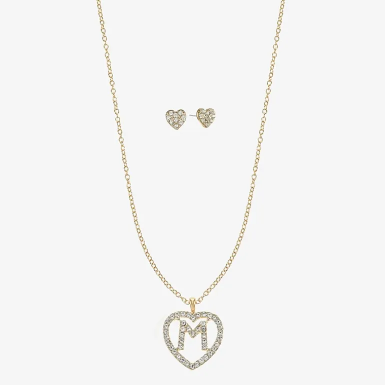 Monet Jewelry Gold Tone Initial Pendant Necklace & Stud Earring Womens Glass Heart 2-pc. Jewelry Set