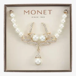 Monet® Simulated Pearl and Crystal Gold-Tone Drop Earring and Necklace Set