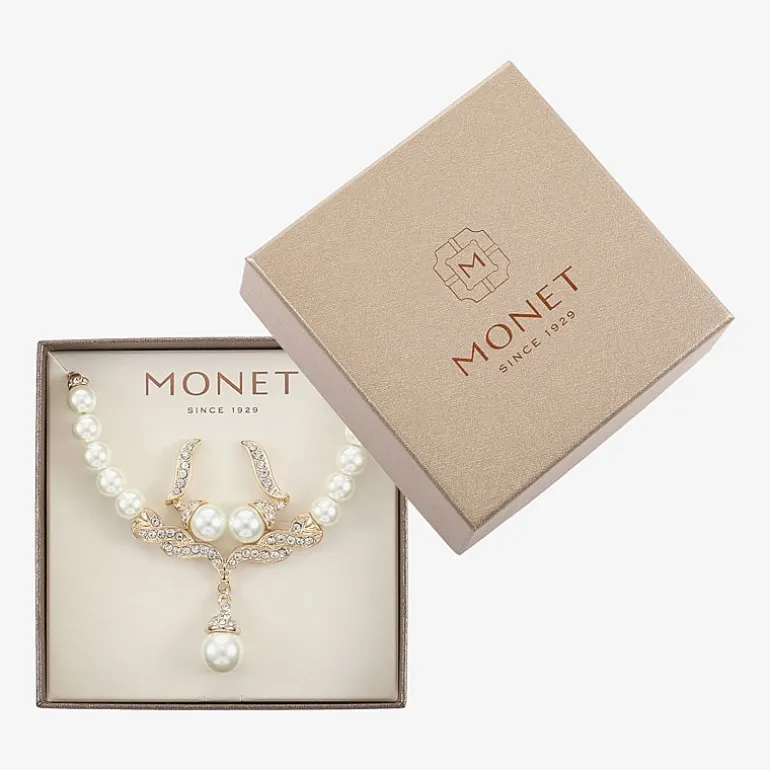Monet® Simulated Pearl and Crystal Gold-Tone Drop Earring and Necklace Set