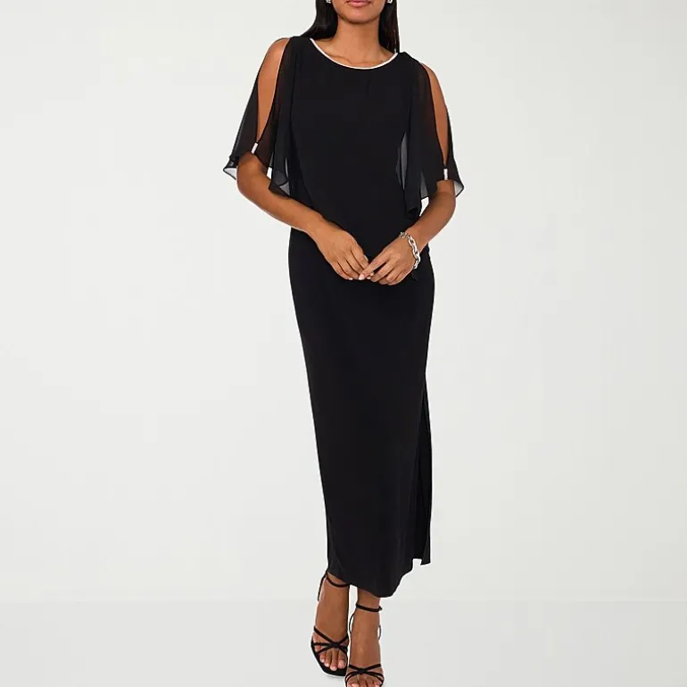 MSK Womens Boat Neck Elbow Sleeve Cape Embellished Evening Gown