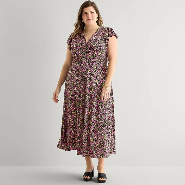MSK Womens Plus V Neck Short Sleeve Flutter Maxi Dress