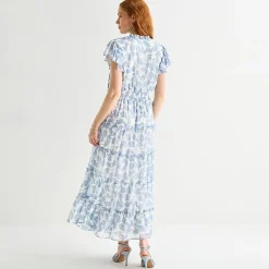 MSK Womens Split Tie Neck Short Sleeve Flutter Maxi Dress