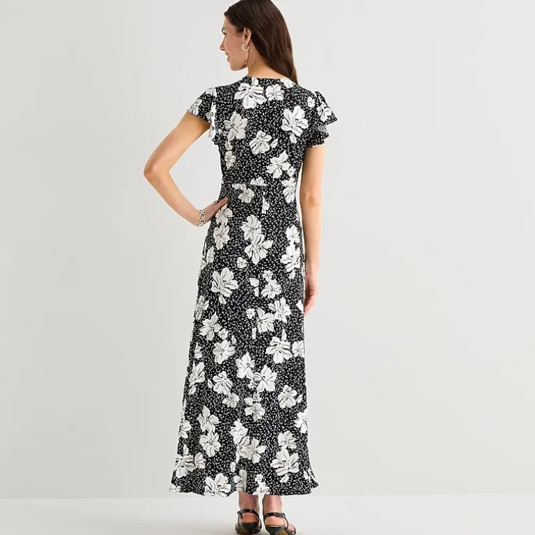 MSK Womens V Neck Short Sleeve Flutter Maxi Dress