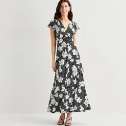 MSK Womens V Neck Short Sleeve Flutter Maxi Dress