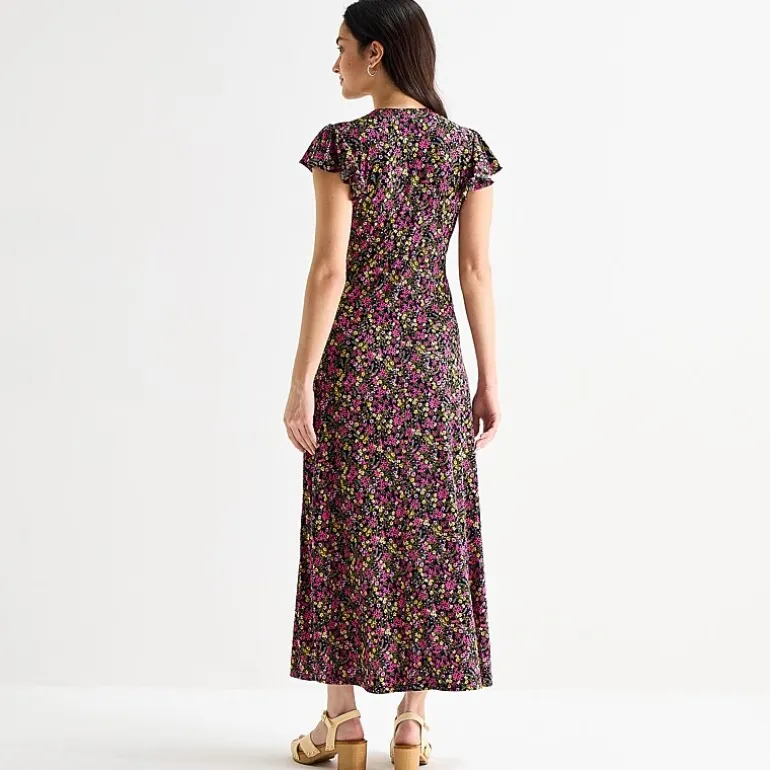 MSK Womens V Neck Short Sleeve Flutter Maxi Dress