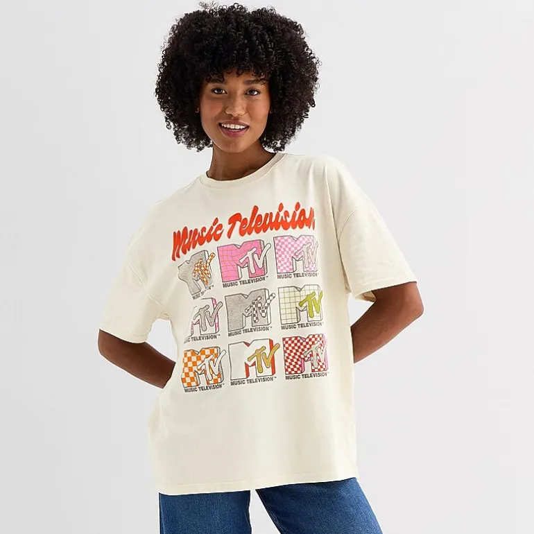 Mtv Grid Oversized Tee Womens Juniors Crew Neck Short Sleeve Oversized MTV Graphic T-Shirt