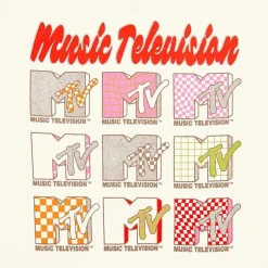 Mtv Grid Oversized Tee Womens Juniors Crew Neck Short Sleeve Oversized MTV Graphic T-Shirt