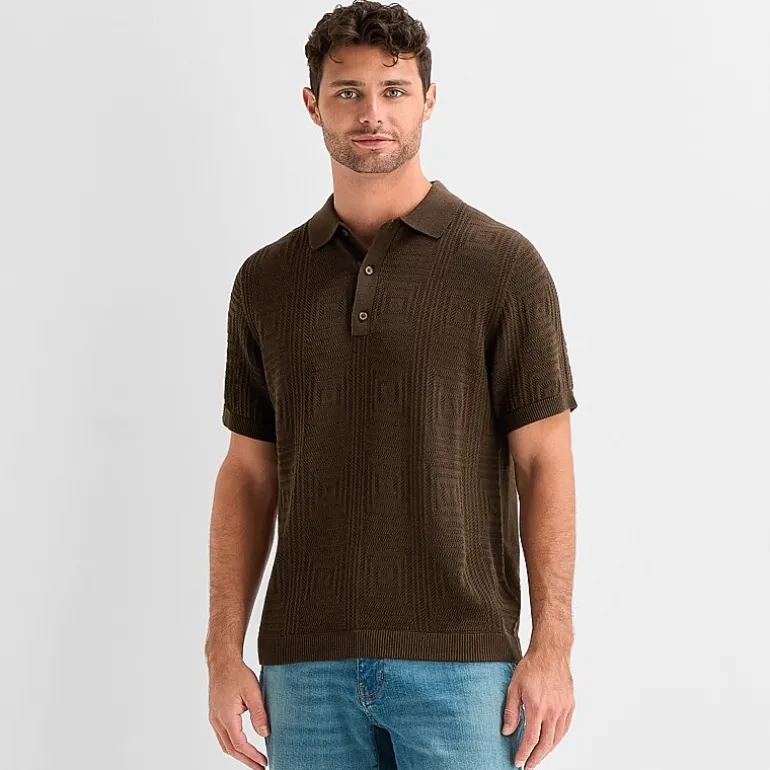 mutual weave Mens Short Sleeve Button Polo Sweater