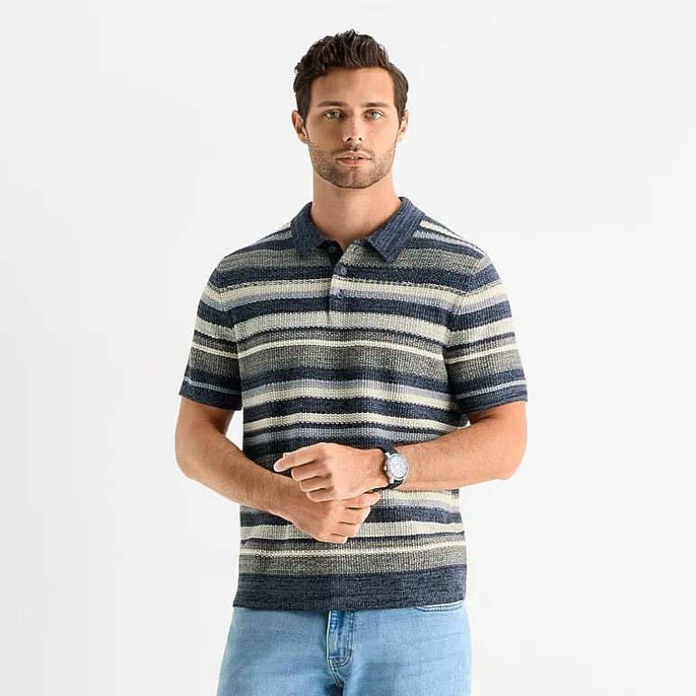 mutual weave Textured Stripe Mens Short Sleeve Button Polo Sweater