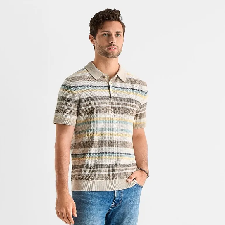 mutual weave Textured Stripe Mens Short Sleeve Button Polo Sweater