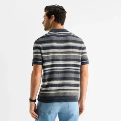 mutual weave Textured Stripe Mens Short Sleeve Button Polo Sweater