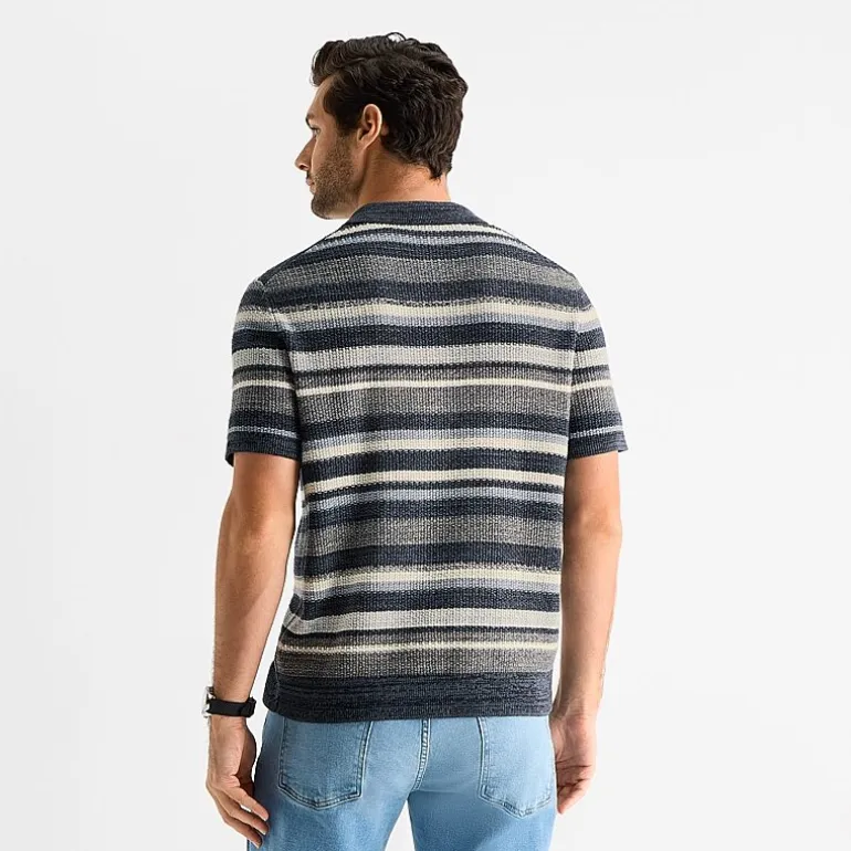 mutual weave Textured Stripe Mens Short Sleeve Button Polo Sweater