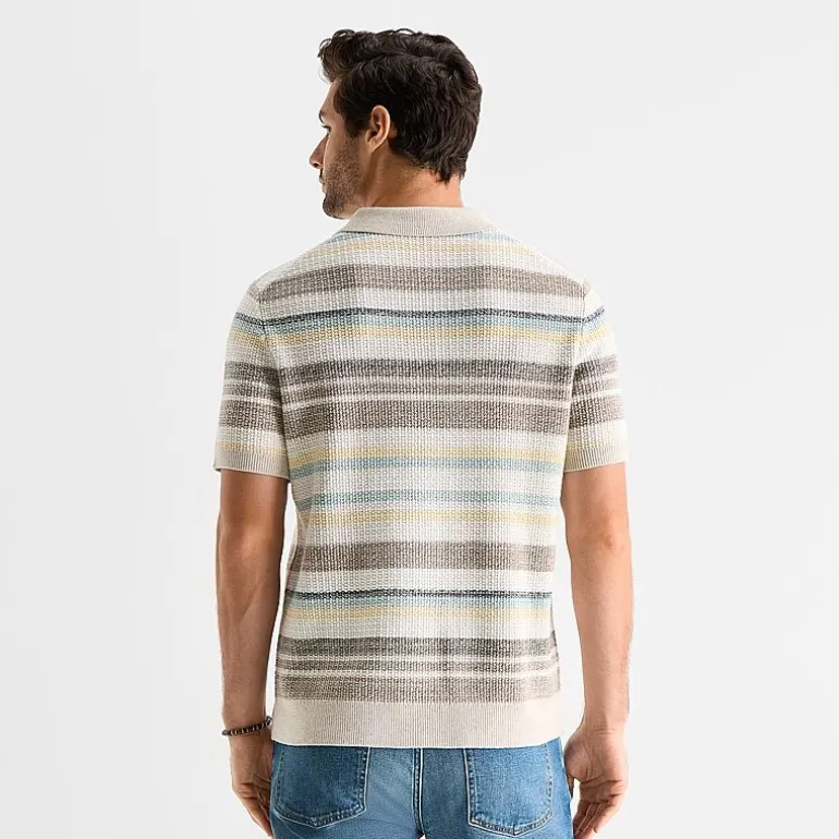 mutual weave Textured Stripe Mens Short Sleeve Button Polo Sweater